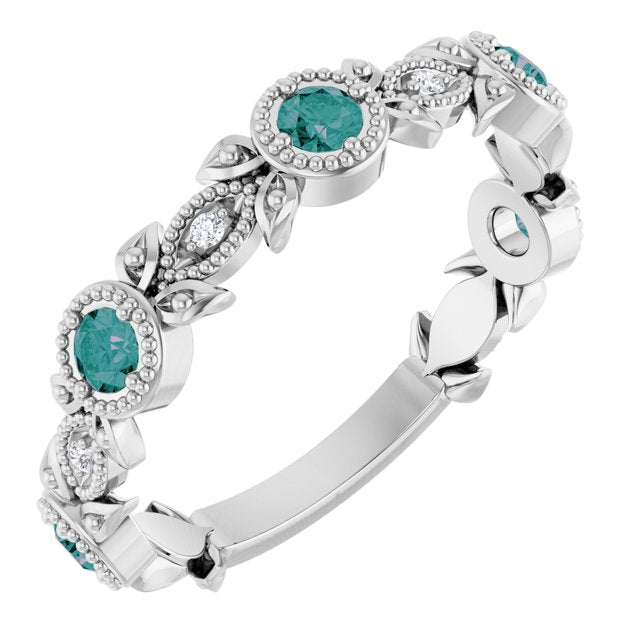 14K Gold Aquamarine And Diamond Leaf Pattern Ring