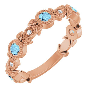 14K Gold Aquamarine And Diamond Leaf Pattern Ring
