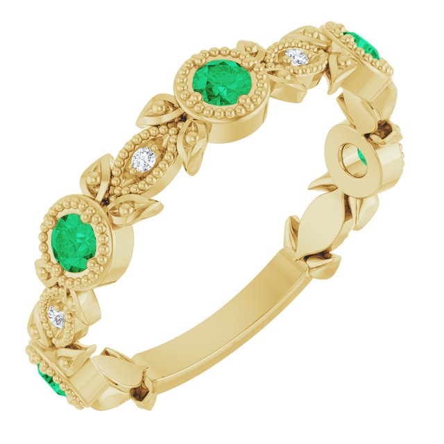 .03 CTW Lab-Grown Emerald and Natural Diamond Leaf Ring Crafted in 14K Gold, Silver & Platinum