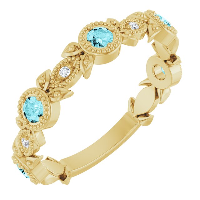 14K Gold Aquamarine And Diamond Leaf Pattern Ring