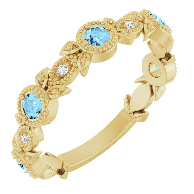 14K Gold Aquamarine And Diamond Leaf Pattern Ring