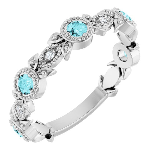 14K Gold Aquamarine And Diamond Leaf Pattern Ring