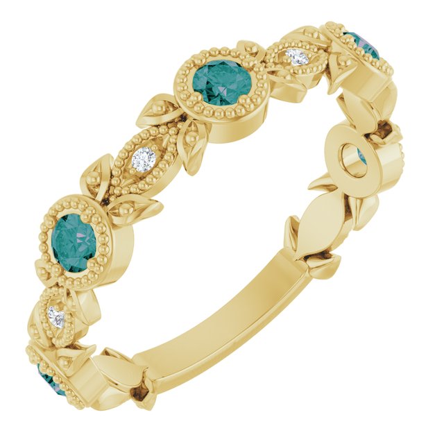 14K Gold Aquamarine And Diamond Leaf Pattern Ring