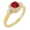 14K Yellow Gold Cushion Cut Lab-Grown Ruby & 1/6 CTW Diamond Ring