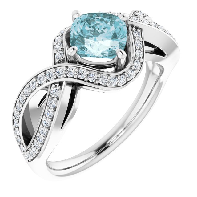 14K White Gold Cushion-Cut Natural Sky Blue Topaz & Diamond Ring