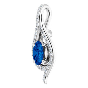 14K White Gold Oval Lab-Grown Blue Sapphire Pendant with Natural Diamonds