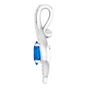 14K White Gold Oval Lab-Grown Blue Sapphire Pendant with Natural Diamonds