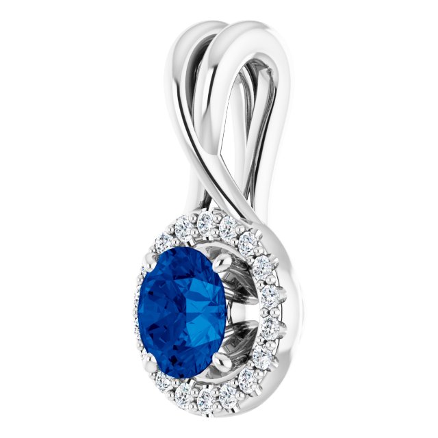 14K White Natural Blue Sapphire & 1/10 CTW Natural Diamond Pendant