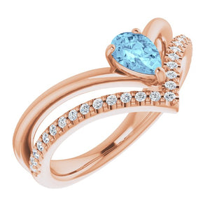 14K Gold Natural Aquamarine And Natural Diamond Negative Space Ring