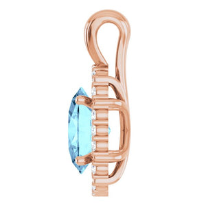 14K White Gold Natural Aquamarine 9x7 mm Diamond Pendant