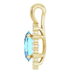 14K White Gold Natural Aquamarine 9x7 mm Diamond Pendant