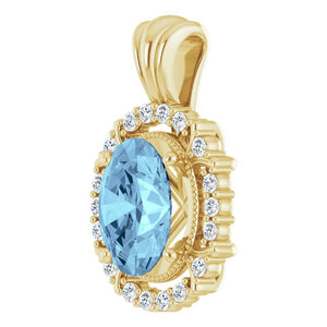 14K White Gold Natural Aquamarine 9x7 mm Diamond Pendant