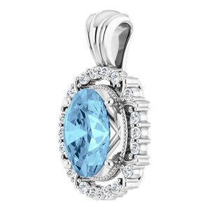 14K White Gold Natural Aquamarine 9x7 mm Diamond Pendant