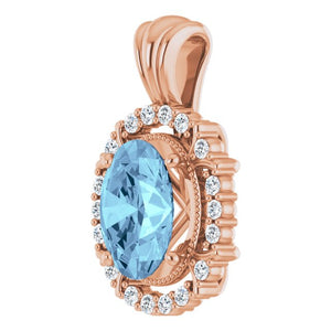 14K White Gold Natural Aquamarine 9x7 mm Diamond Pendant