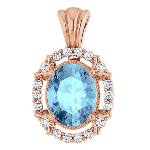 14K White Gold Natural Aquamarine 9x7 mm Pendant with Diamonds