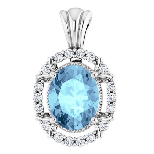 14K White Gold Natural Aquamarine 9x7 mm Pendant with Diamonds