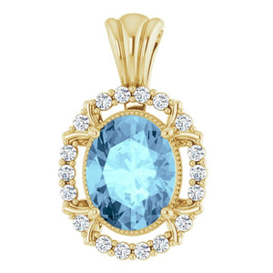 14K White Gold Natural Aquamarine 9x7 mm Diamond Pendant