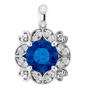 14K White Gold Natural Blue Sapphire 6 mm Pendant with .04 CTW Diamonds