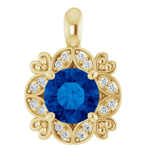 14K White Gold Pendant with 6 mm Round Natural Blue Sapphire & .04 CTW Diamonds