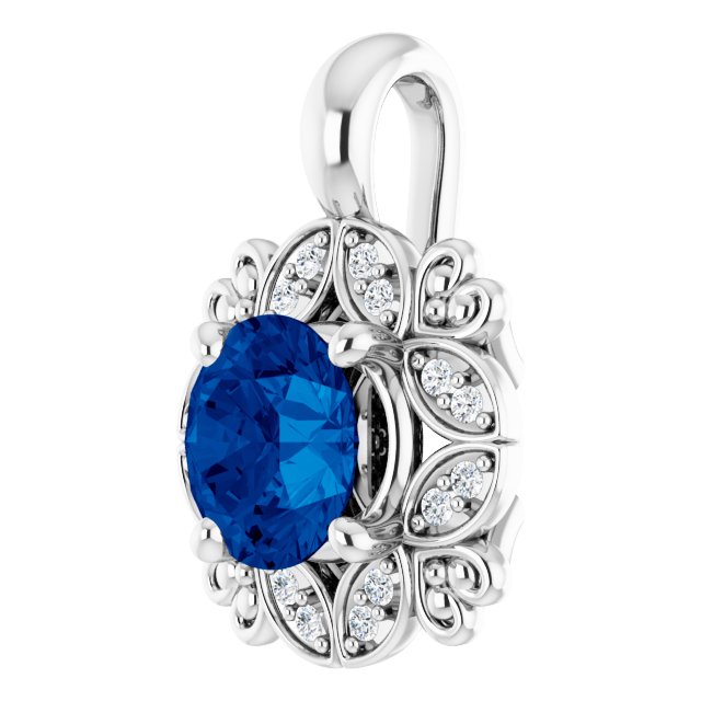 14K White Natural Blue Sapphire & .04 CTW Natural Diamond Pendant