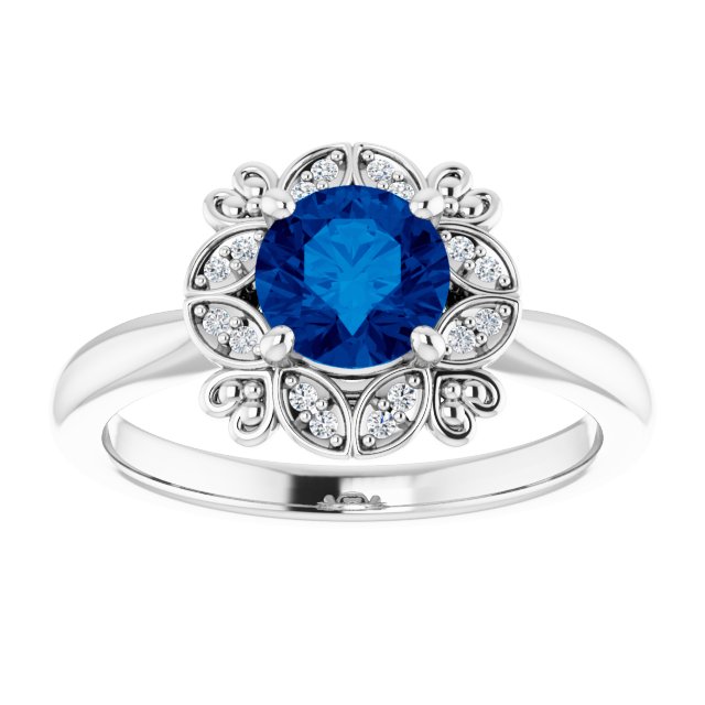 14K White Gold Lab-Grown Blue Sapphire 6mm & Natural Diamond Ring