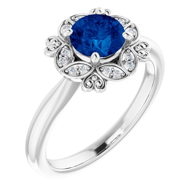 14K White Gold Lab-Grown Blue Sapphire 6mm & Natural Diamond Ring