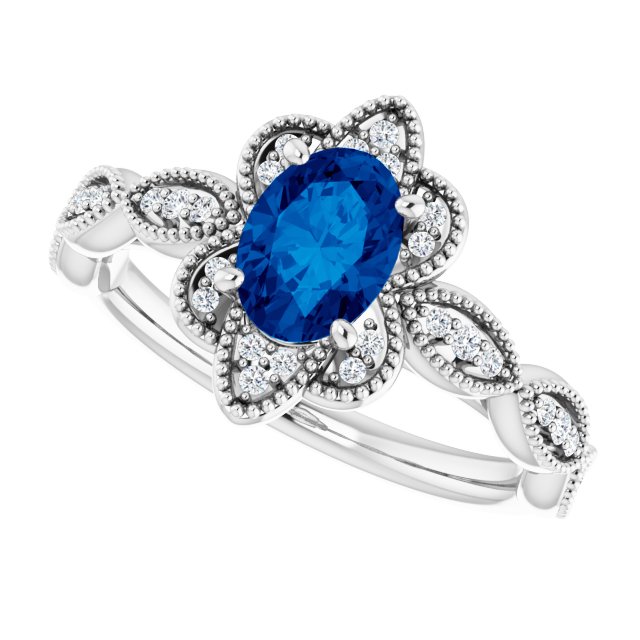 14K White Lab-Grown Blue Sapphire & 1/8 CTW Natural Diamond Ring