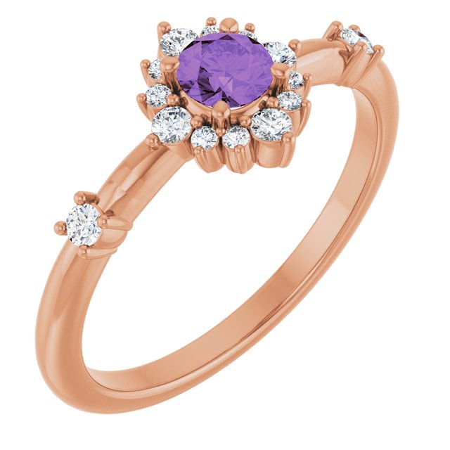 14K Gold Lab-Grown Alexandrite And Natural Diamond Halo-Style Ring