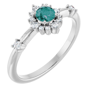 14K Gold Lab-Grown Alexandrite And Natural Diamond Halo-Style Ring