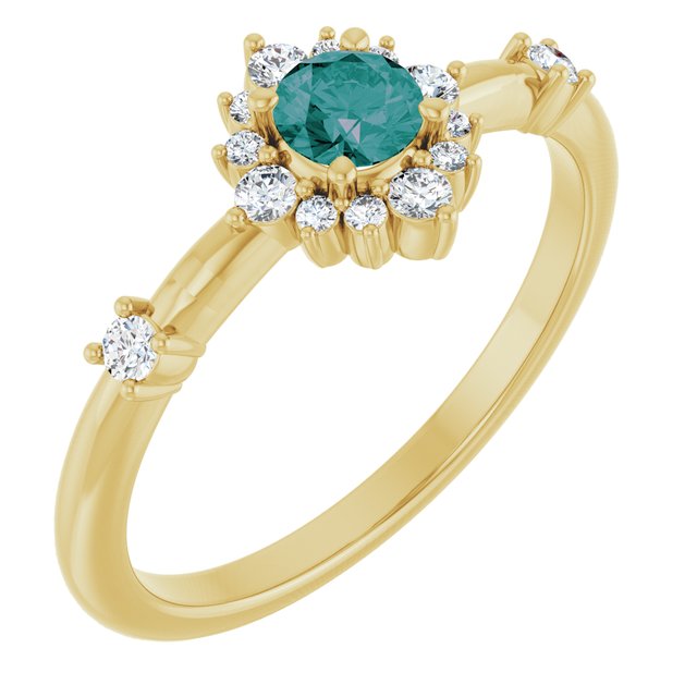 14K Gold Lab-Grown Alexandrite And Natural Diamond Halo-Style Ring