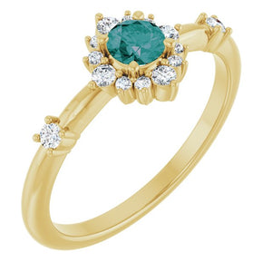 14K Gold Lab-Grown Alexandrite And Natural Diamond Halo-Style Ring