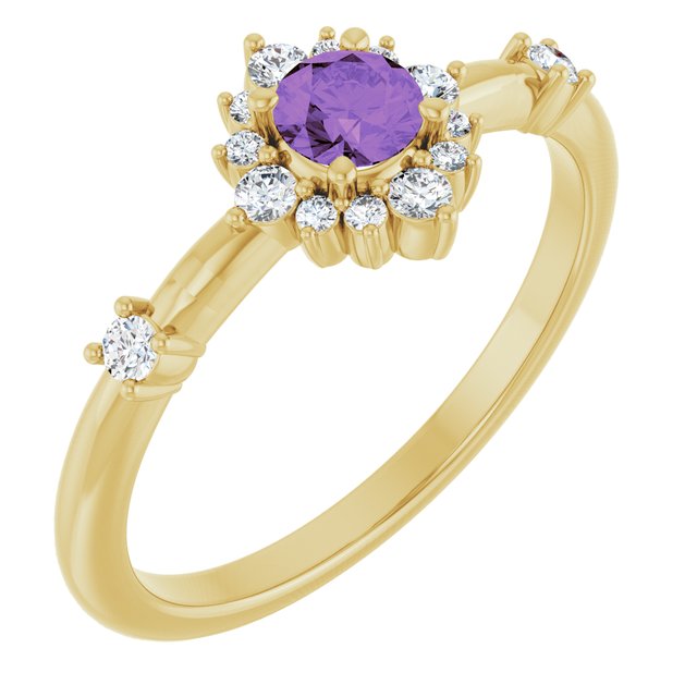 14K Gold Lab-Grown Alexandrite And Natural Diamond Halo-Style Ring