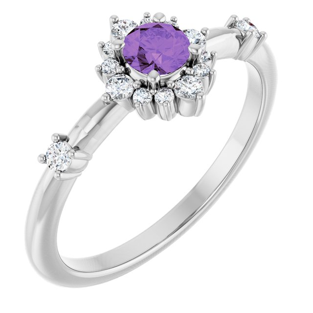 14K Gold Lab-Grown Alexandrite And Natural Diamond Halo-Style Ring