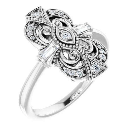 14K Gold, Platinum, Sterling Silver Natural Diamond Vintage-Inspired Ring - Options Available