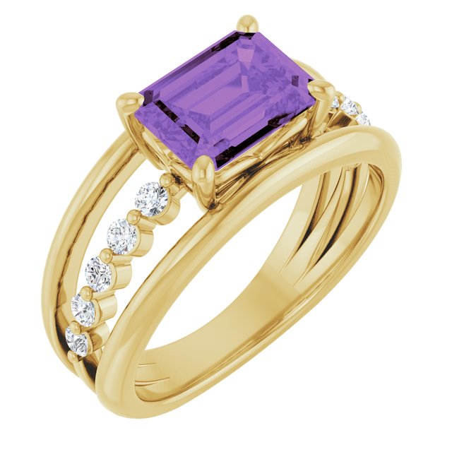 14K Yellow Gold, 8x6 mm Natural Amethyst & 1/5 CTW Diamond Ring