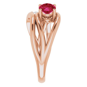 14K Yellow Gold Oval Lab-Grown Ruby 7x5 mm & 1/10 CTW Diamond Ring