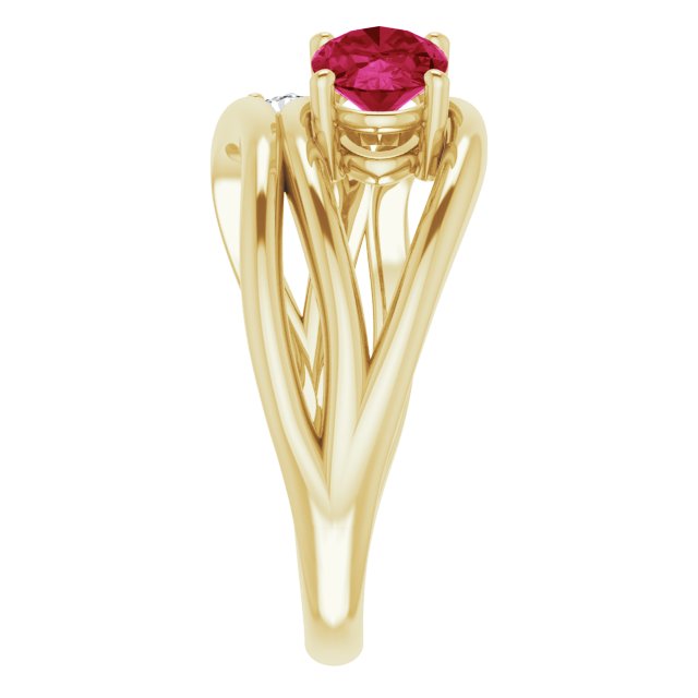 14K Yellow Gold Lab-Grown Ruby 7x5 mm & 1/10 CTW Diamond Ring