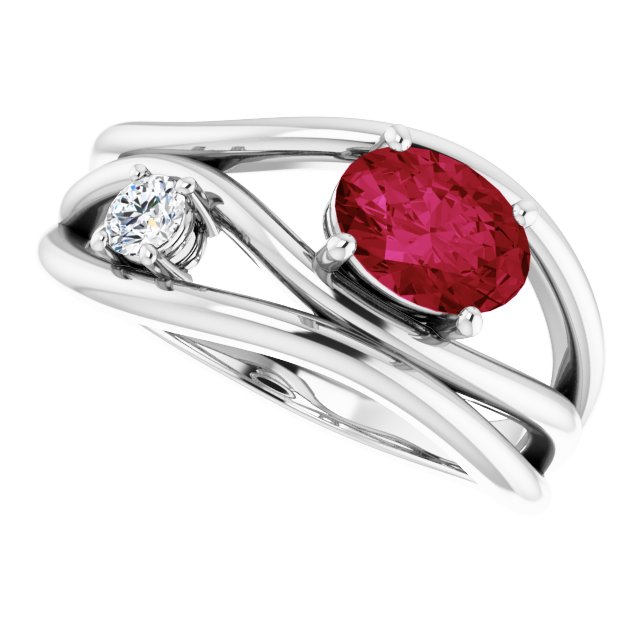 14K Yellow Gold Lab-Grown Ruby 7x5 mm & 1/10 CTW Diamond Ring