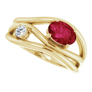 14K Yellow Gold Oval Lab-Grown Ruby 7x5 mm & 1/10 CTW Diamond Ring