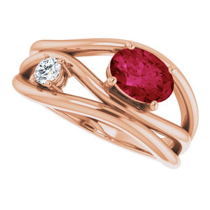 14K Yellow Gold Oval Lab-Grown Ruby 7x5 mm & 1/10 CTW Diamond Ring