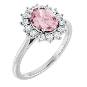 14K Gold Natural Pink Morganite And Natural Diamond Halo-Style Ring - Options Available
