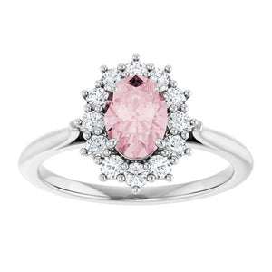 14K Gold Natural Pink Morganite And Natural Diamond Halo-Style Ring - Options Available