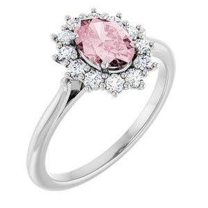 14K Gold Natural Pink Morganite And Natural Diamond Halo-Style Ring - Options Available