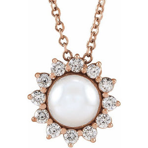 14K Gold Cultured White Akoya Pearl and Diamond Pendant