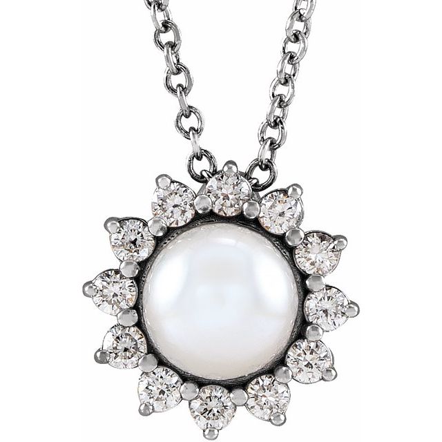 14K Gold Cultured White Akoya Pearl and Diamond Pendant