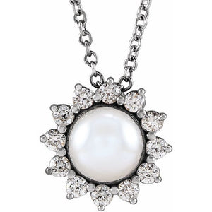 14K Gold Cultured White Akoya Pearl and Diamond Pendant