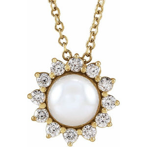 14K Gold Cultured White Akoya Pearl and Diamond Pendant