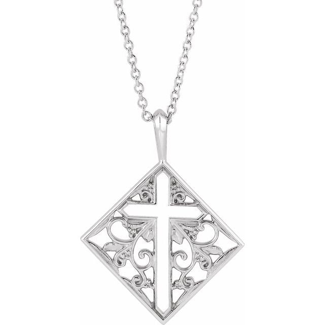 Ornate Platinum Pierced Cross Necklace Adjustable 16-18"