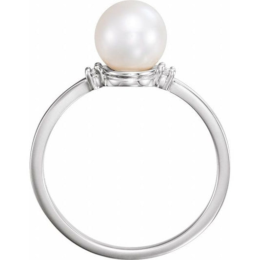 14K White Cultured White Freshwater Pearl & .025 CTW Natural Diamond Ring