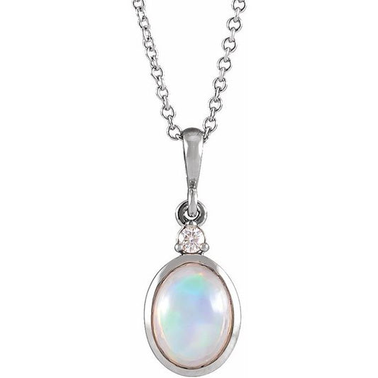 Natural Ethiopian Opal & Diamond Bezel-Set Cabochon Necklace in 14K Gold, Silver & Platinum